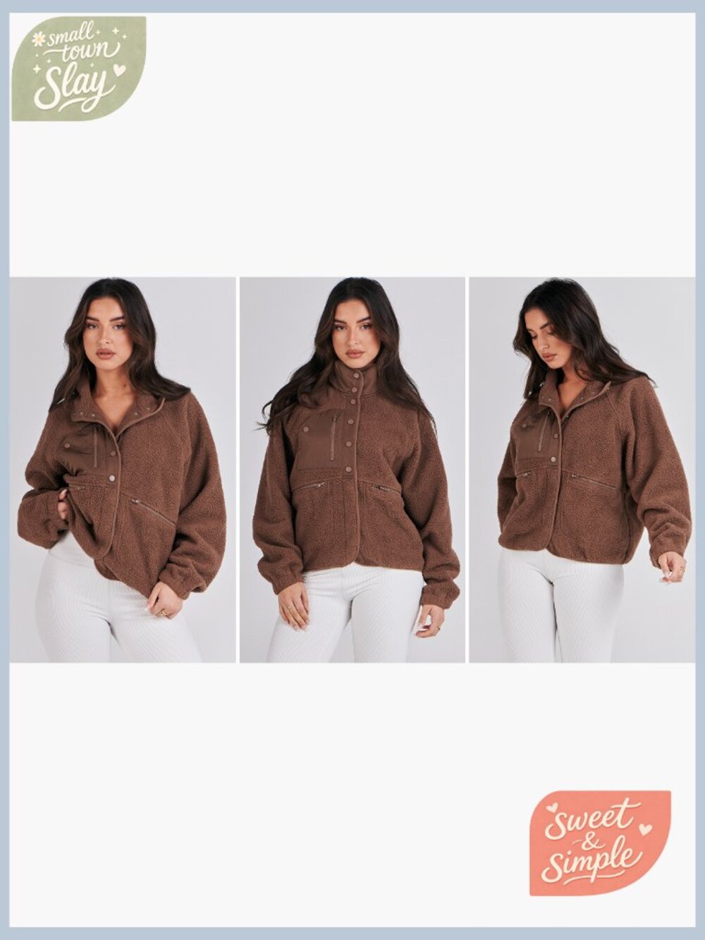 Womens Fuzzy Fleece Cropped Shacket with Pockets Long Sleeve Button Down Sherpa - Picture 7 of 7